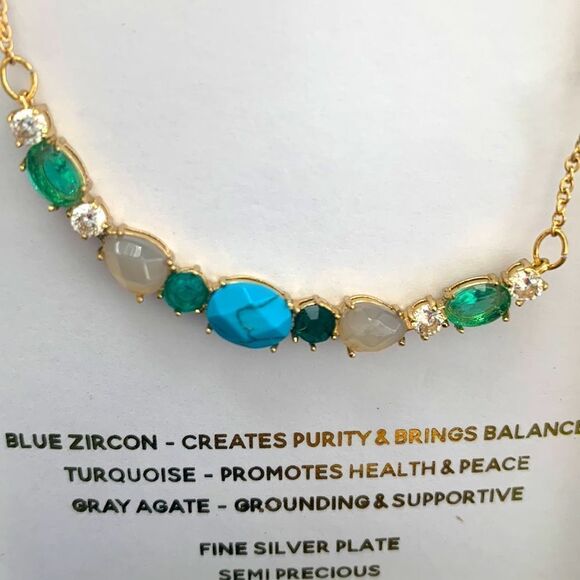 Turquoise, Agate & Zircon Gemstone Necklace – Silver Tone – Rhode & Co – 16–18” - Picture 2 of 6